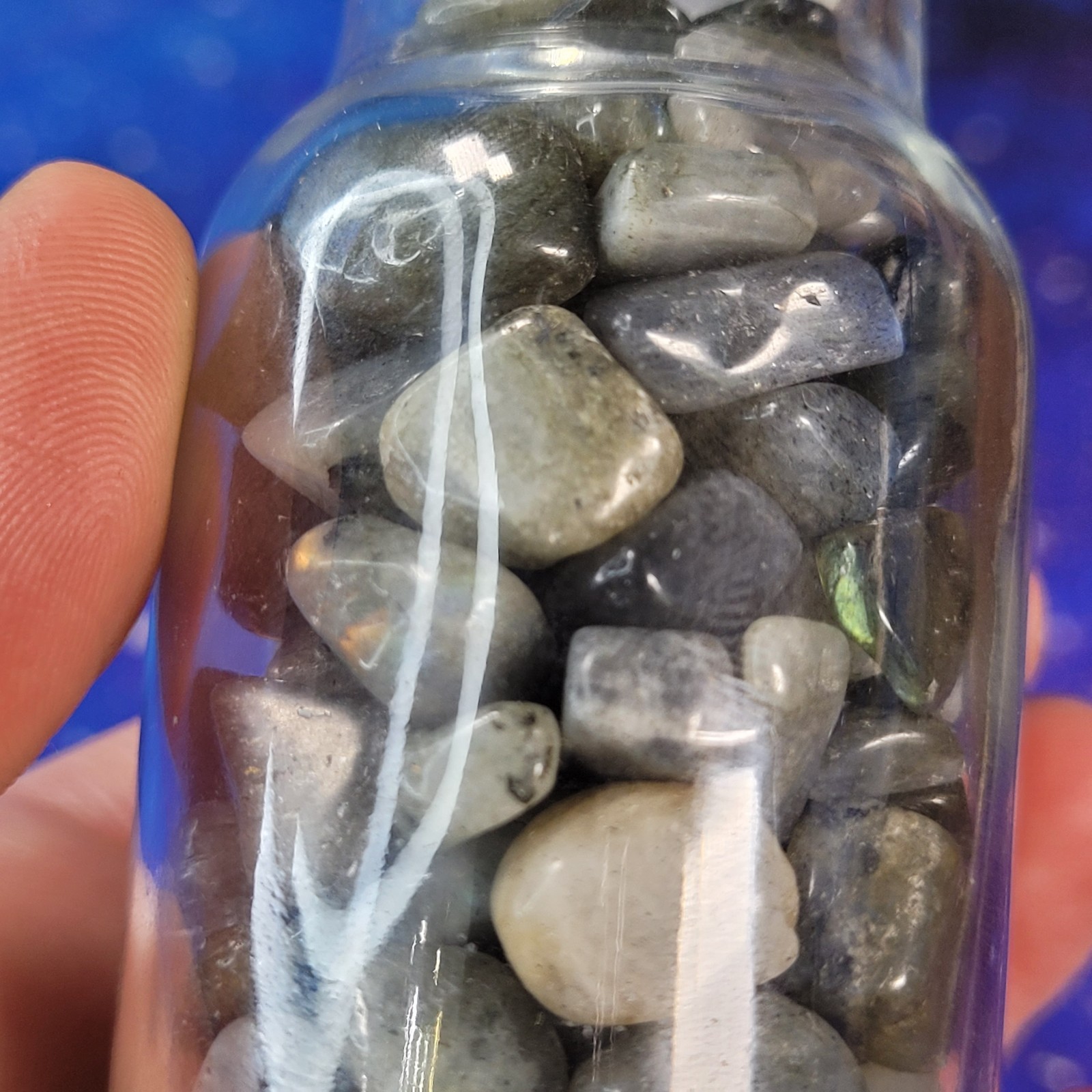 1/4 lb Labradorite Crystal Tumbles in Vintage Apothecary 4oz Glass Jar Witchy