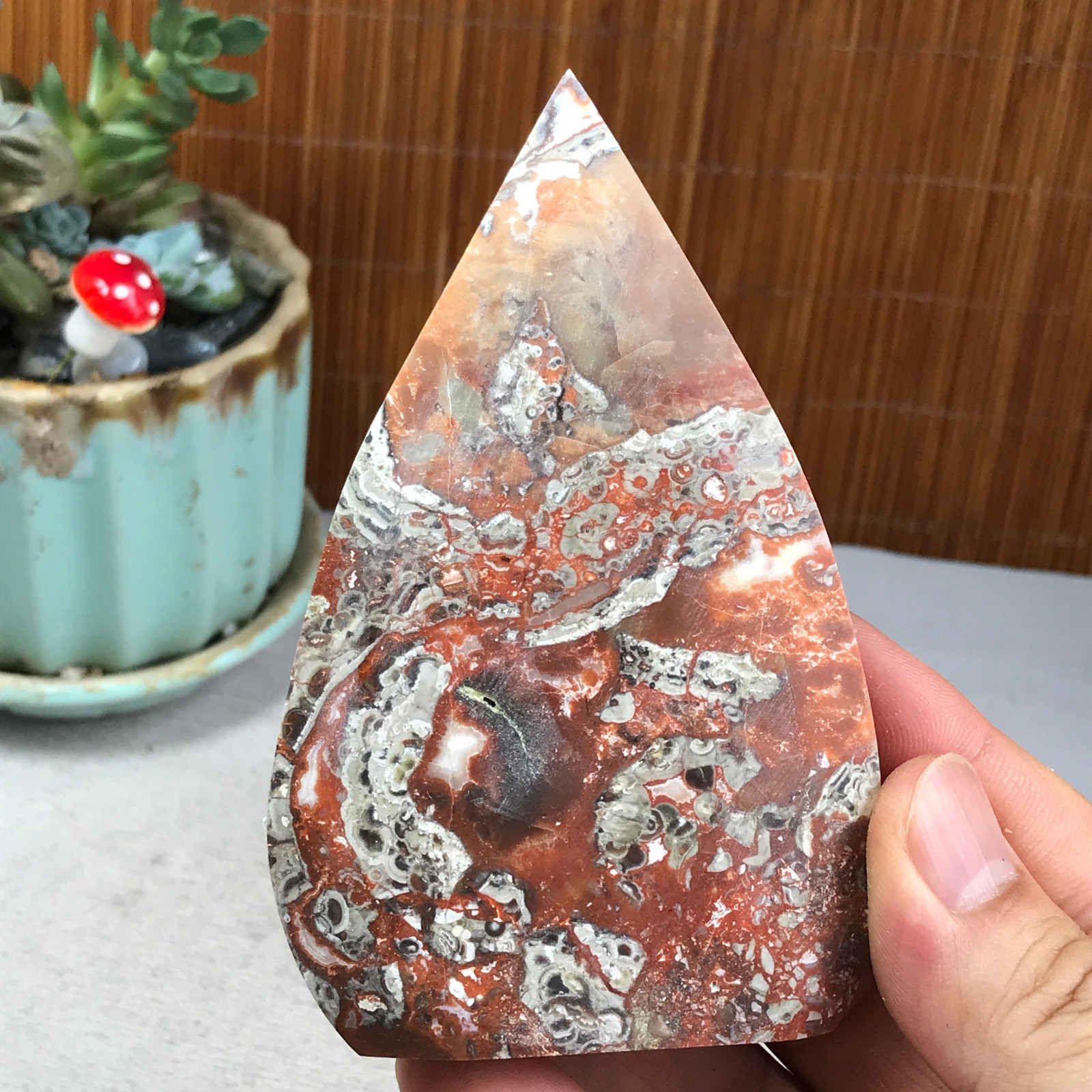 Natural money Mexico agate hand carve leaf Crystal Specimen free standing A6270