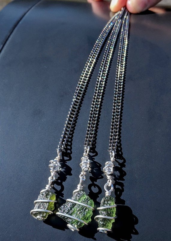 MOLDAVITE & HERKIMER DIAMOND Necklace. Tektite Crystal 925 Pendant Synergy 12
