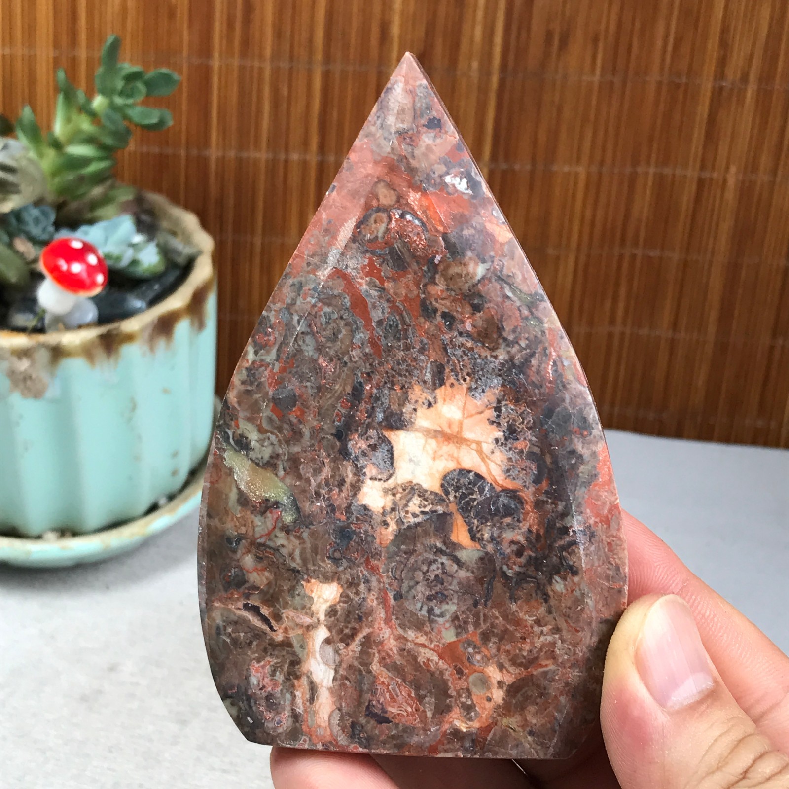 Natural money Mexico agate hand carve leaf Crystal Specimen free standing A6273
