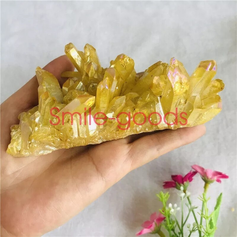 80g Natural Aura Yellow Titanium Stone Quartz Crystal Cluster Specimen Gift