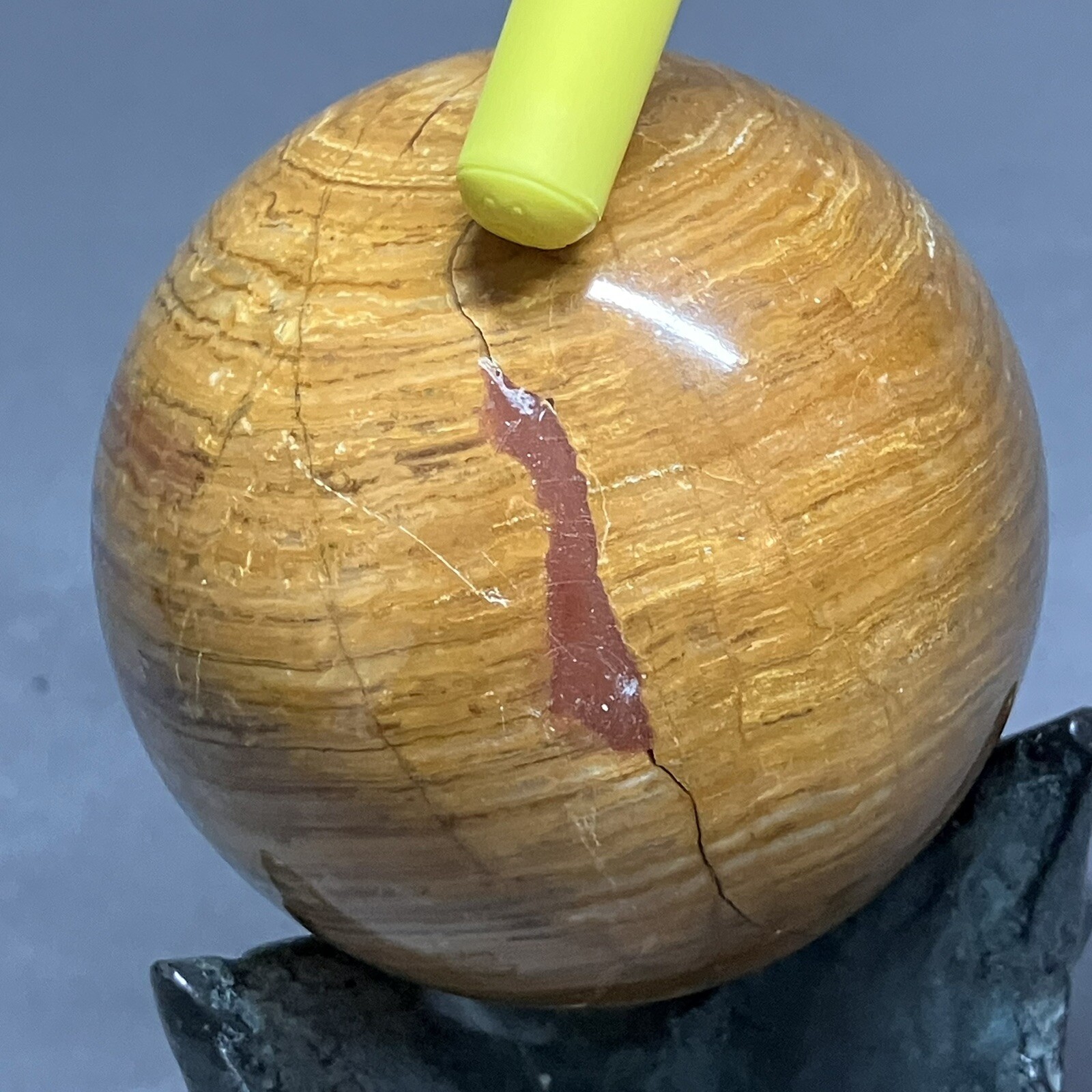 3” Banded Gemstone Dolphin Stand / Onyx ? Stone / Sphere Ball / 76mm / REPAIRED