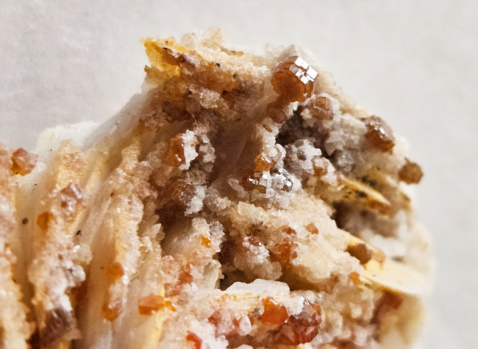 Red and Brown Vanadinite Crystals on white Barite – Mibladen, Morocco
