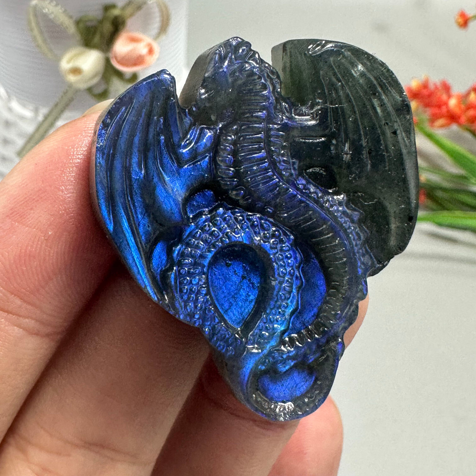 Natural Labradorite Carved dragon Quartz Skull Crystal Specimen Healing 1PC
