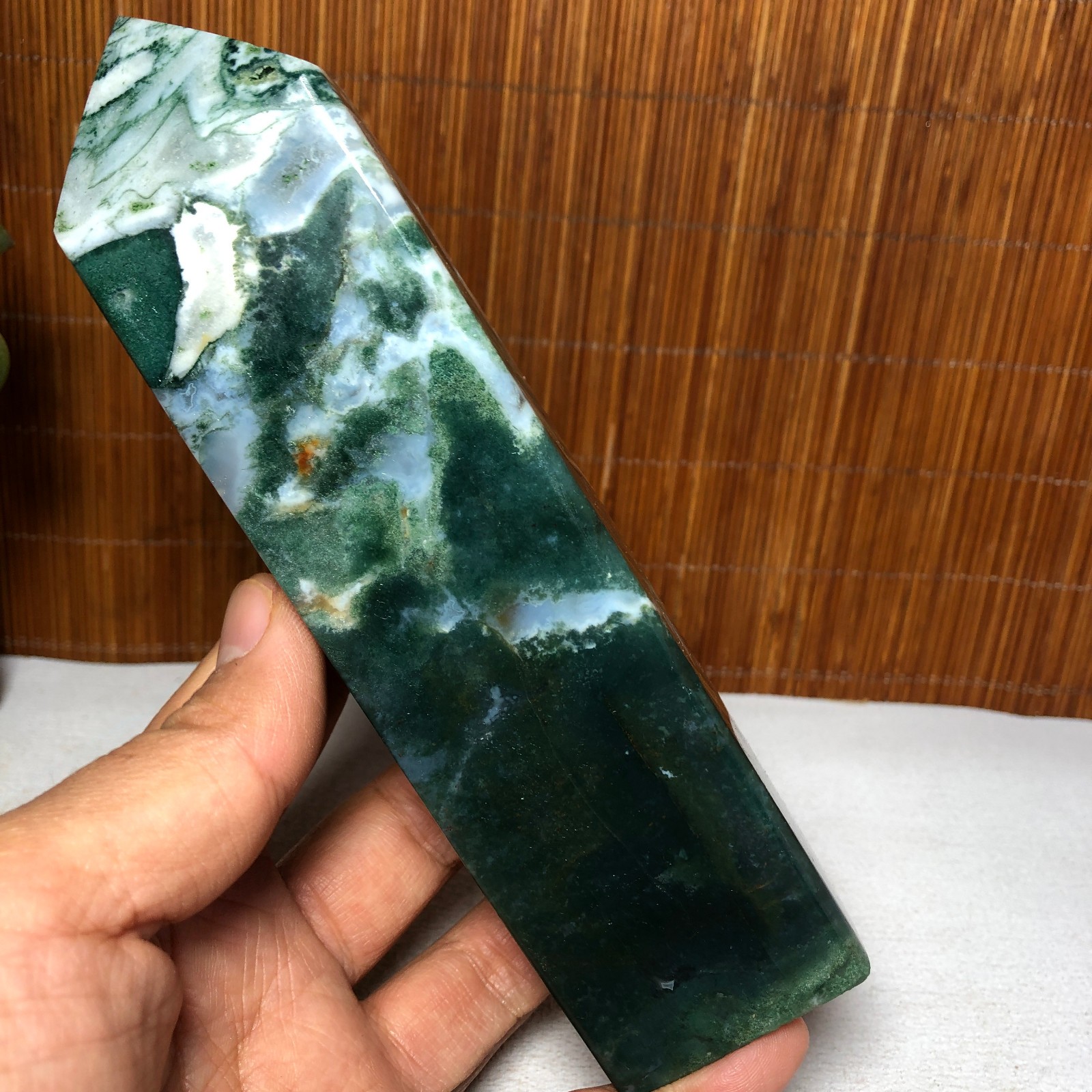 157mm Natural Polish Moss Agate Multiple veins Crystal Wand free standing A2286