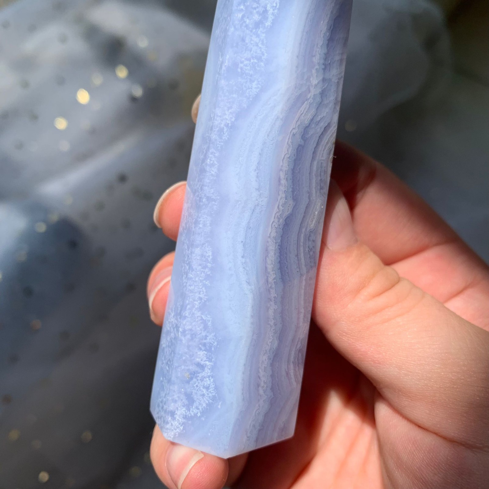 93g Blue Lace Agate Obelisk Point Healing Crystal Stone Sacred Geometry Decor