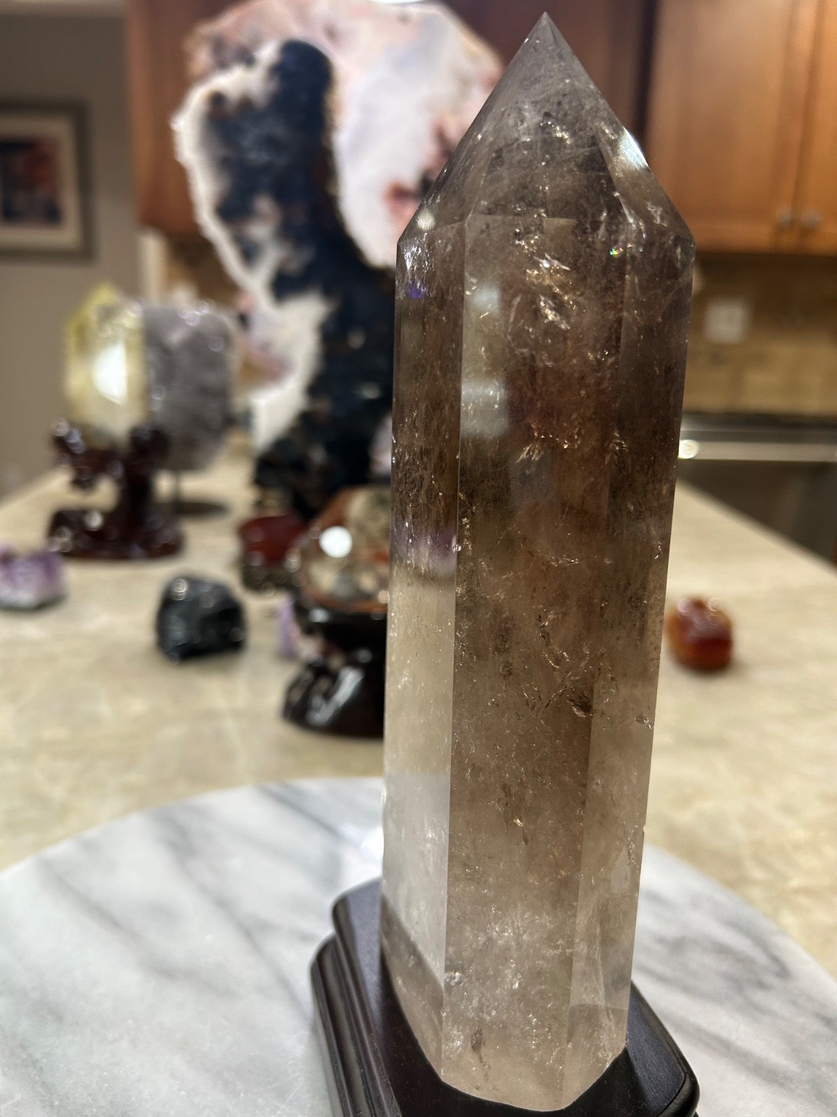 Smoky quartz tower with custom wood stand