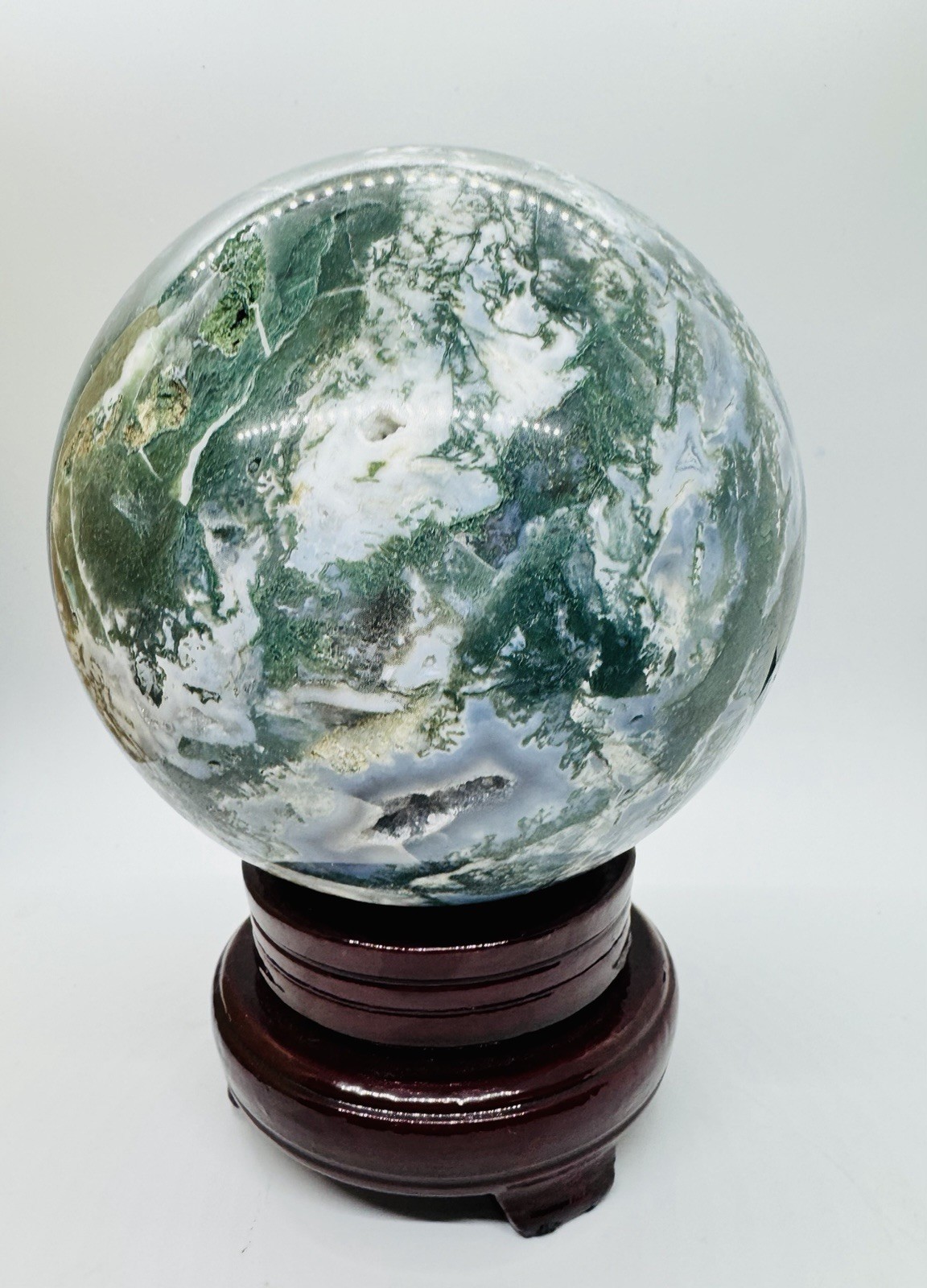 11 pound Polished Moss Agate Green White Crystal Sphere with Wooden Stand