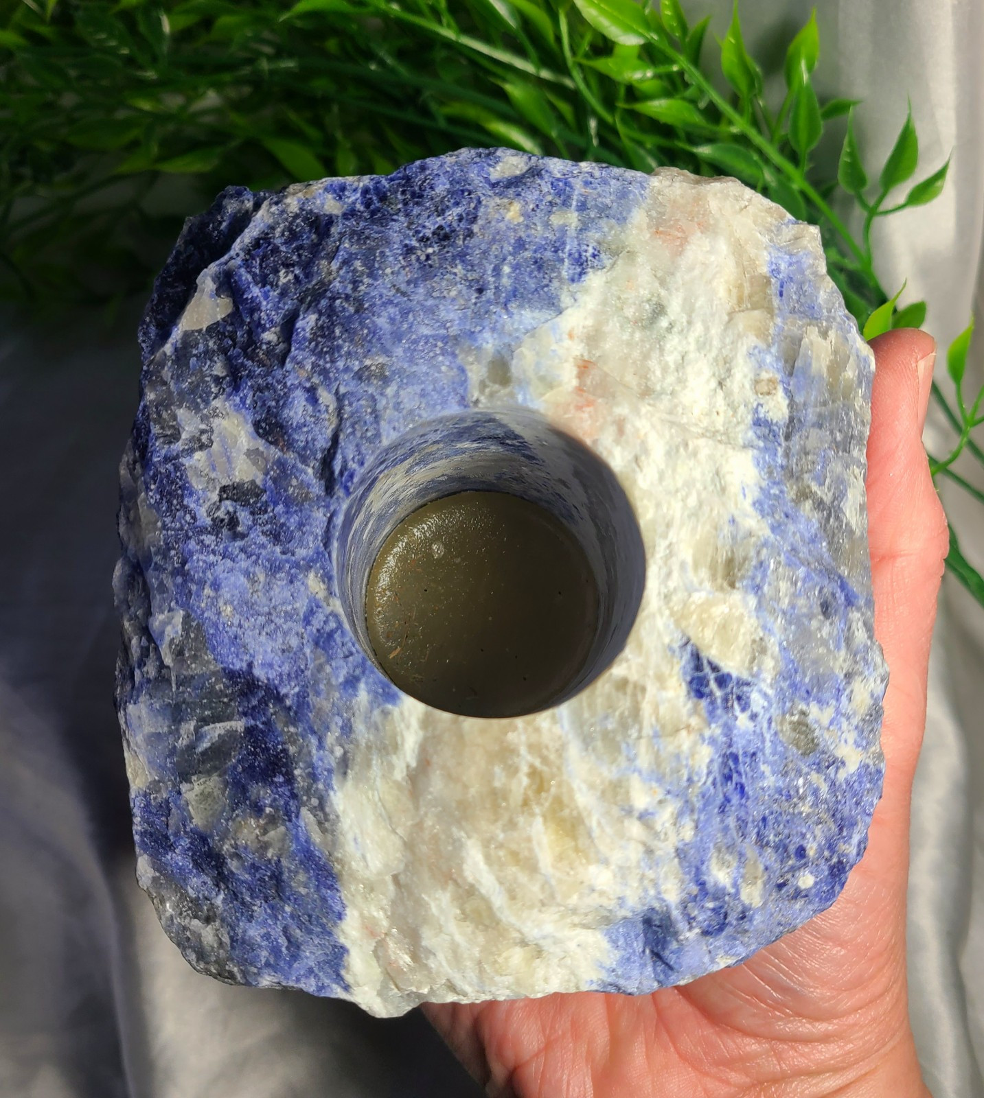 Large Raw 2lb UV Reactive Sodalite Stone Candle or Sphere Holder Tea Light Stand