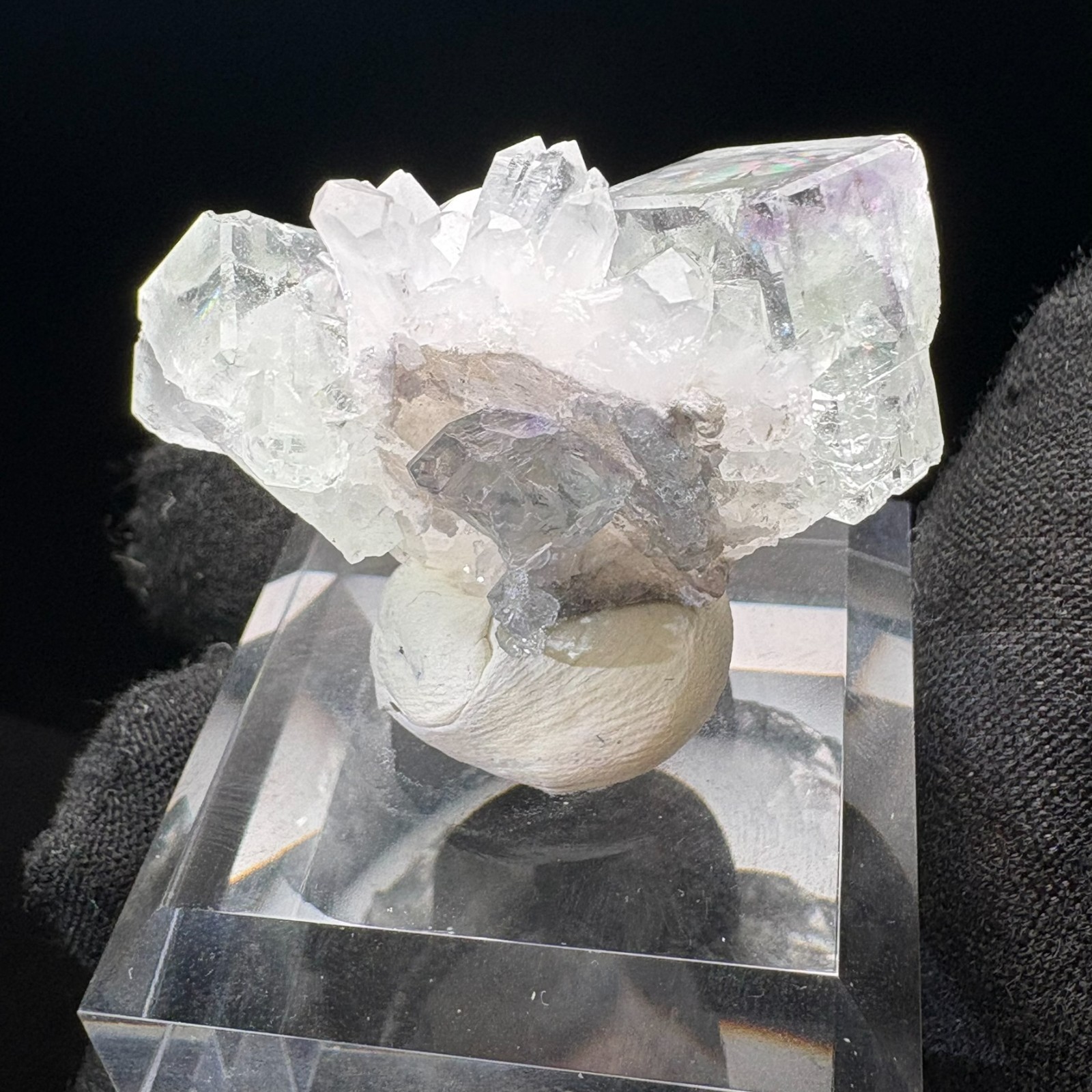 Natural Water-Clear Fluorite w/ Quartz Rare Specimen Raw Mineral w/ Acrylic Base