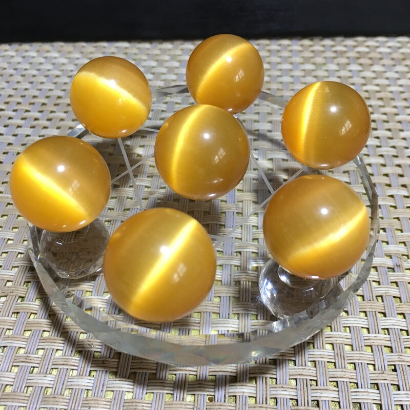 7pcs 20mm Grade A yellow Glass cat’s eye ball Sphere healing crystal +base r608