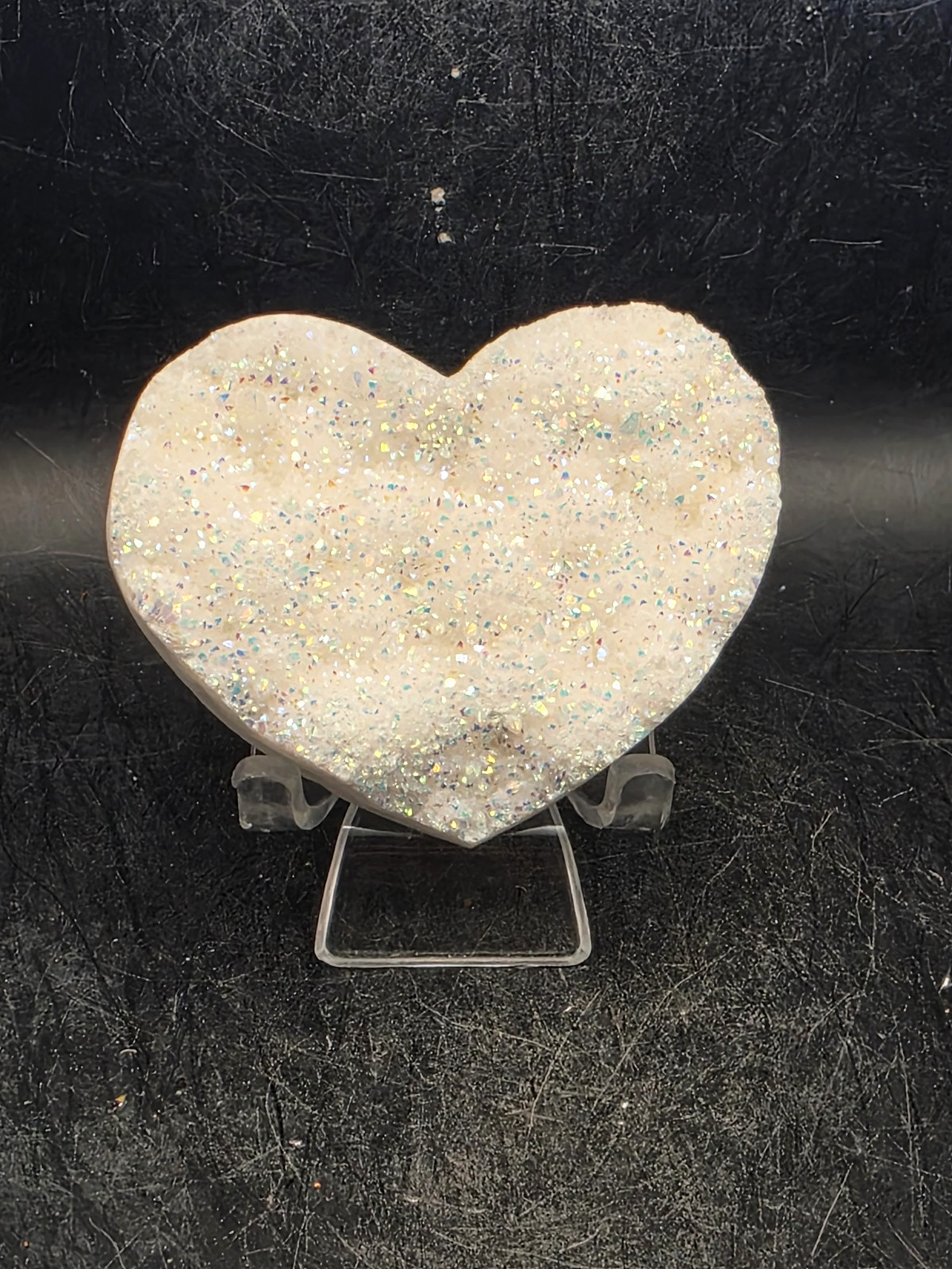 White pearl aura quartz heart! 4 ounces, 2.6 inches wide, 2.2″ tall
