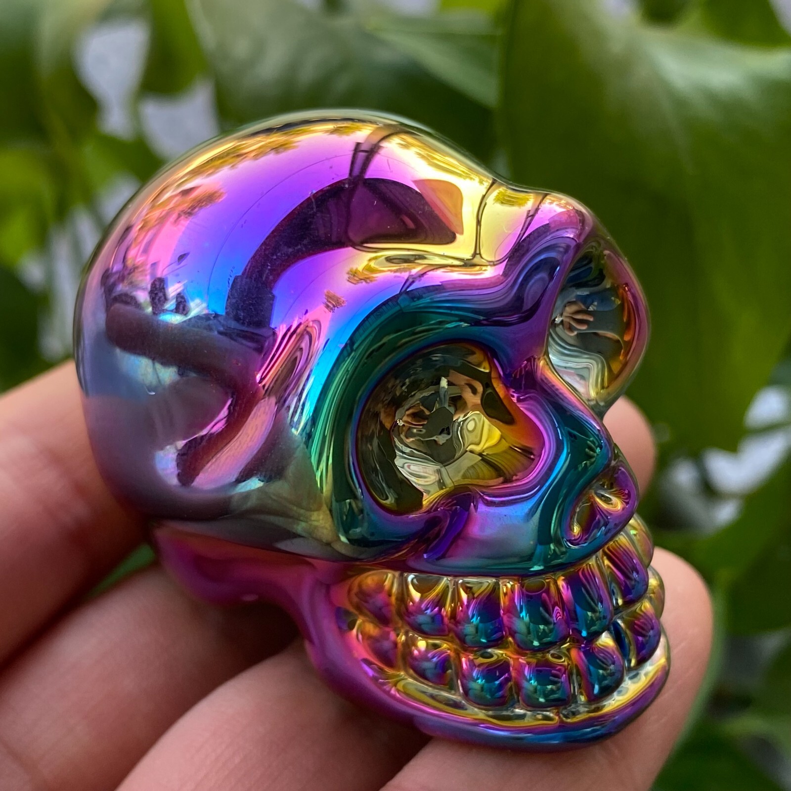 2″ Natural Rainbow Titanium Quartz Hand carved skull crystal reiki healing 1PC