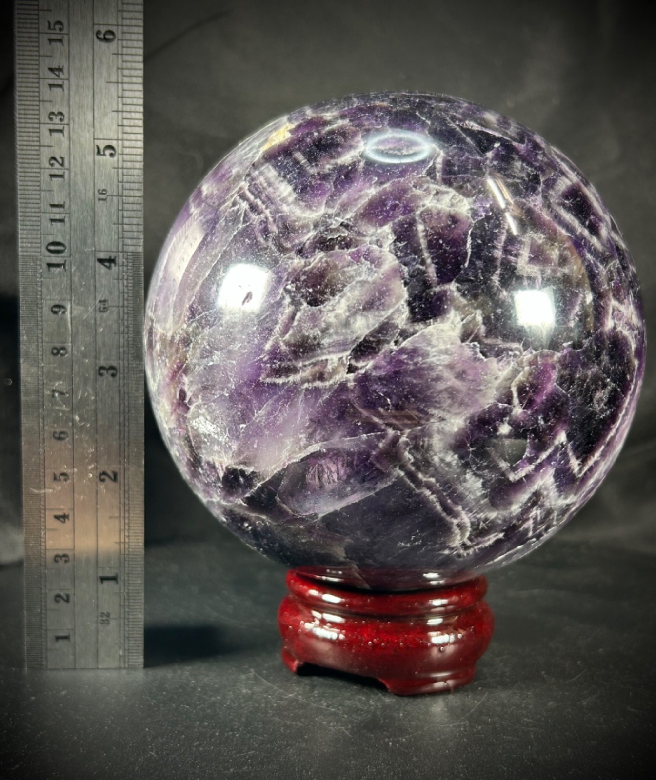 4.56″ Chevron (Dream) Amethyst Sphere With Wood Stand 5lb 3.1oz (2.355 kg)