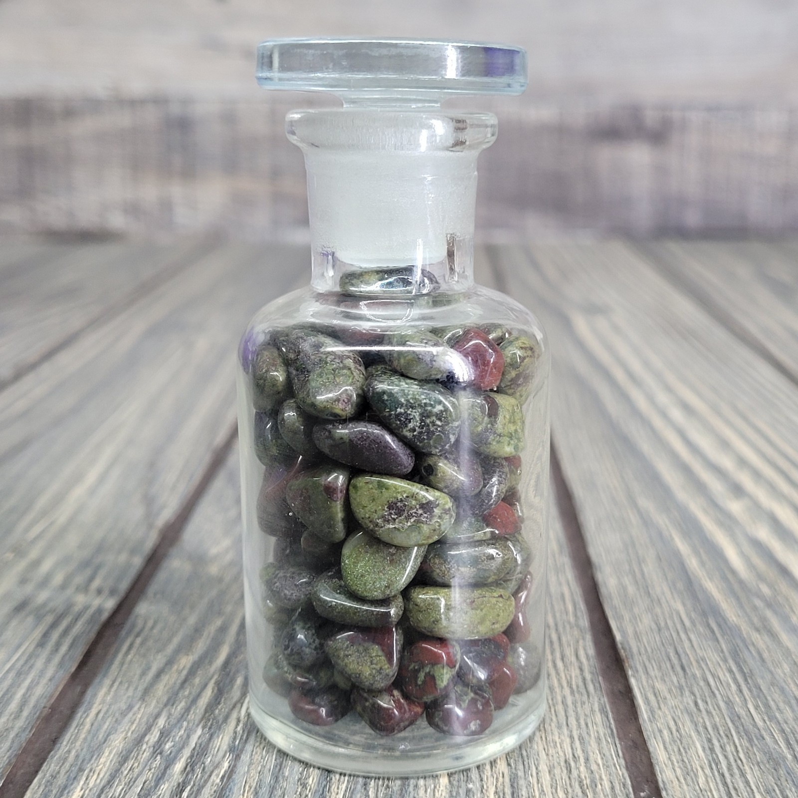Dragon Blood Jasper 1/4lb Stone Tumbles in Vintage Apothecary Glass Jar AA Grade