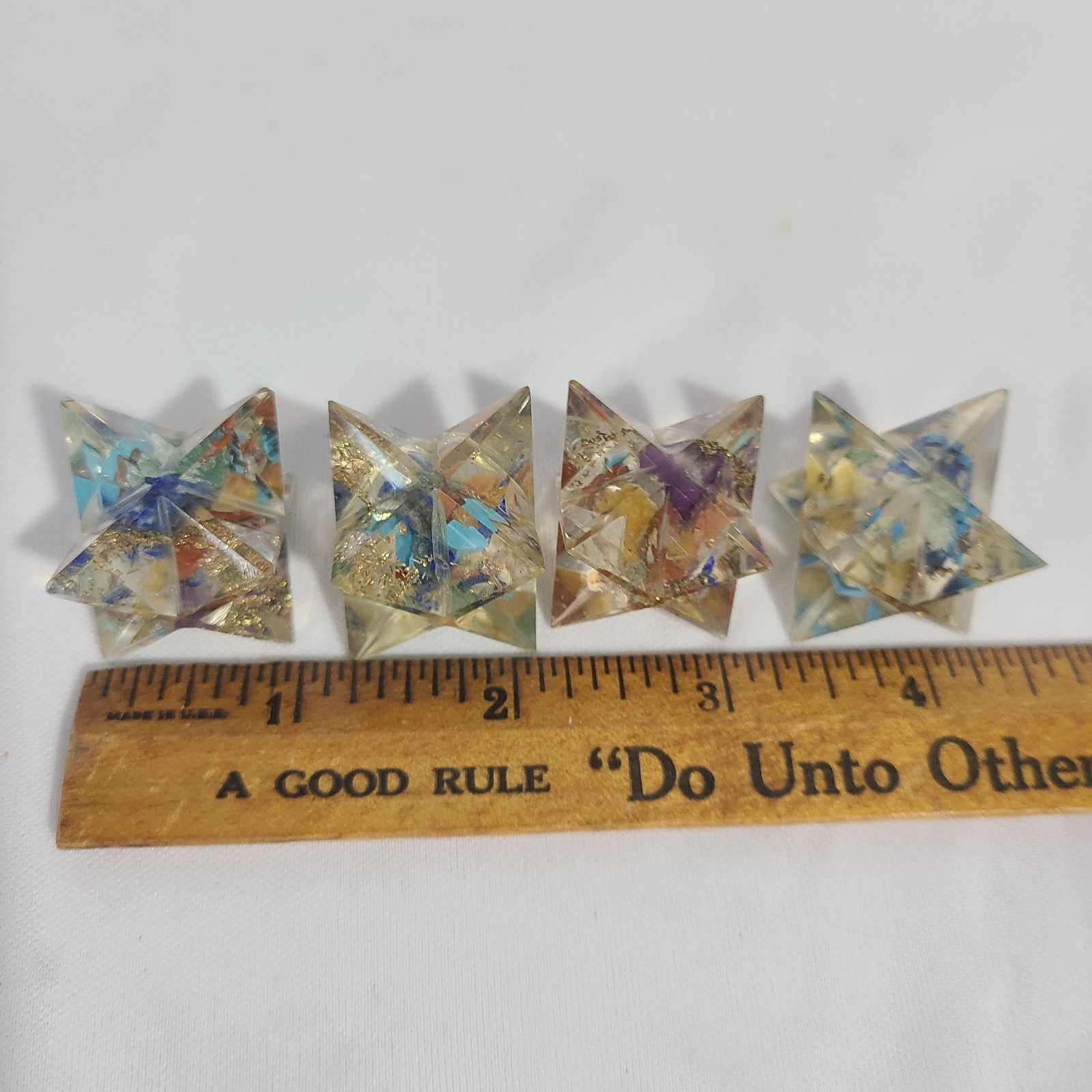 Lot 4 Vintage Merkaba Stars Lucite Acrylic Blue With Gold Leaf Kappa Healing 1″