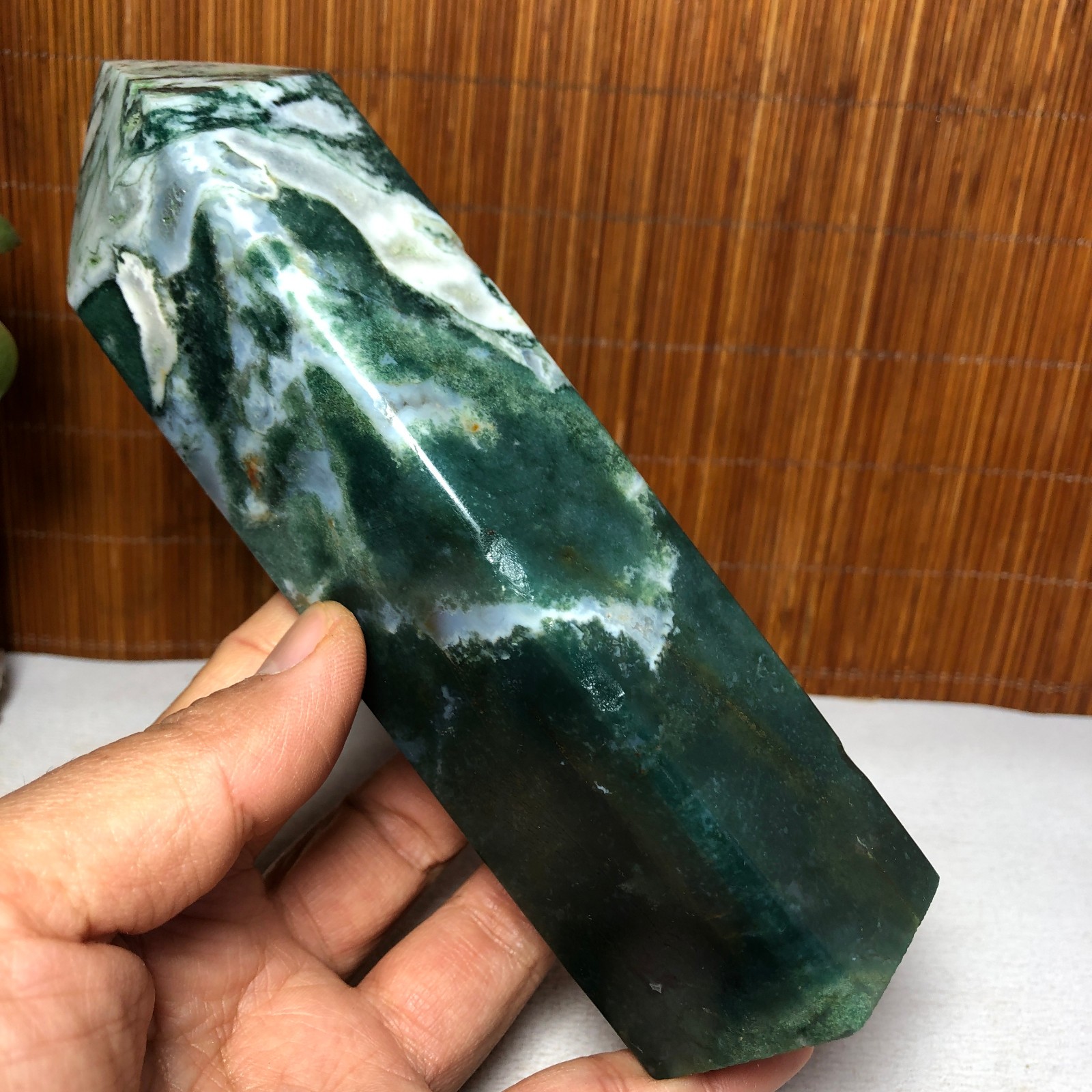 157mm Natural Polish Moss Agate Multiple veins Crystal Wand free standing A2286