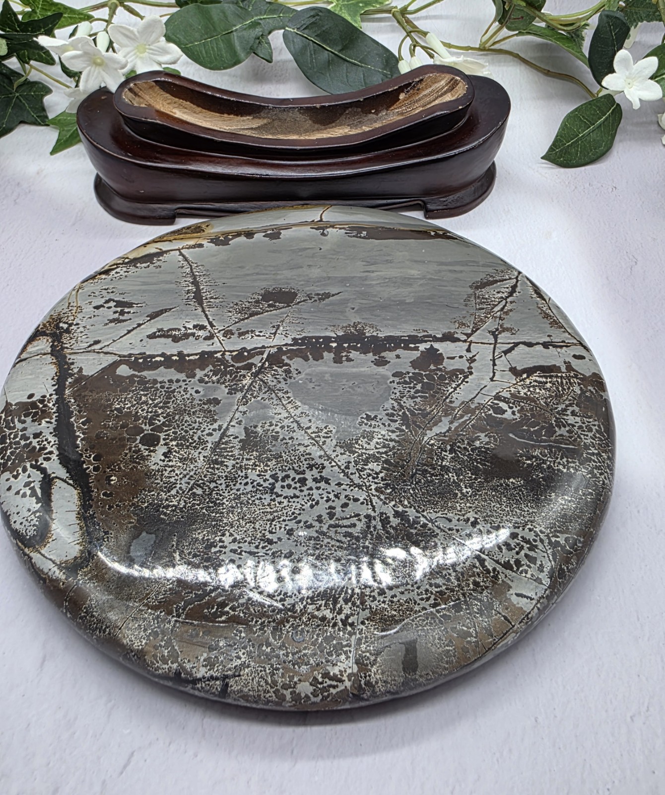 Large Round Picture Jasper Scenic Display Plaque with Wood Stand 5 Pounds +