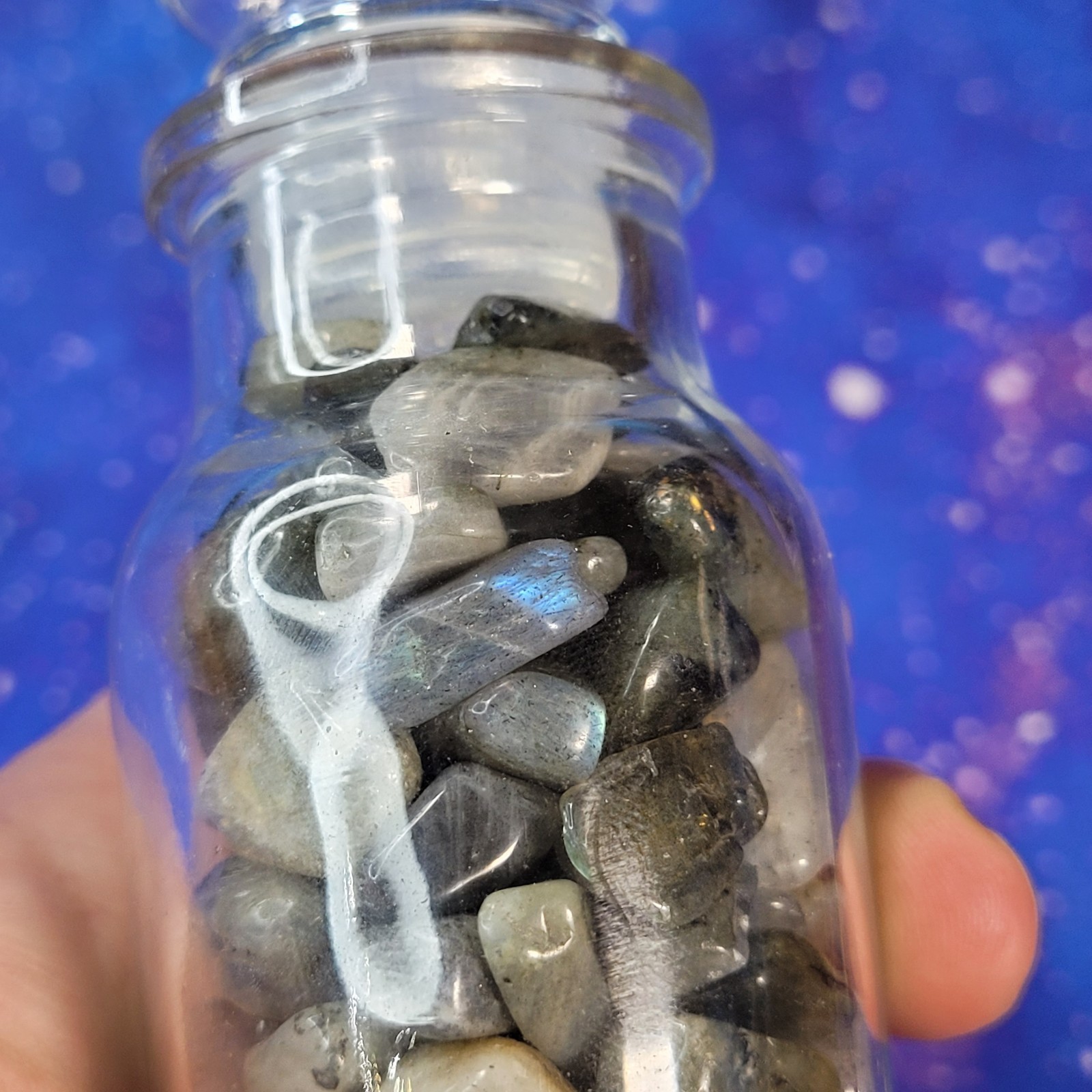 1/4 lb Labradorite Crystal Tumbles in Vintage Apothecary 4oz Glass Jar Witchy