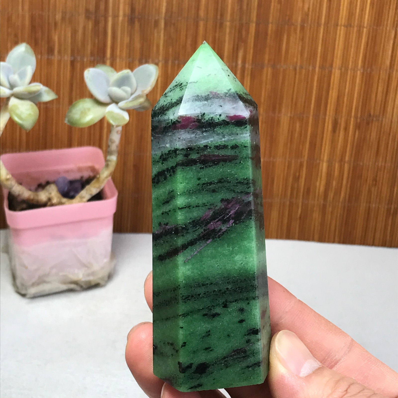 101-35-28mm Natural epidote wand Obelisk Crystal Quartz specimens 210g A3467