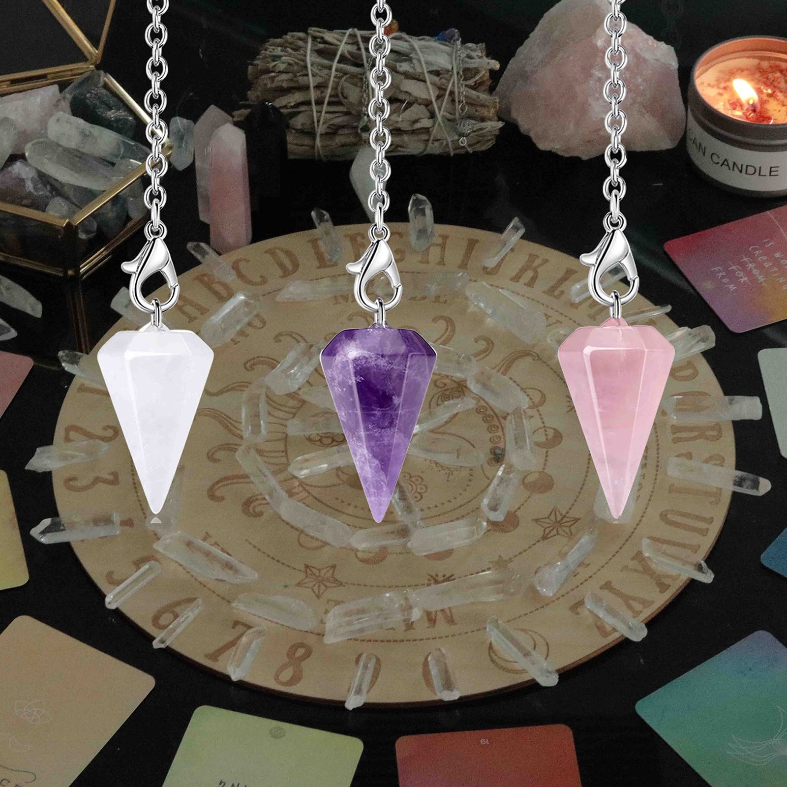 3 Pcs Crystal Pendulums Set for Divination Dowsing Natural Amethyst Rose Quar…