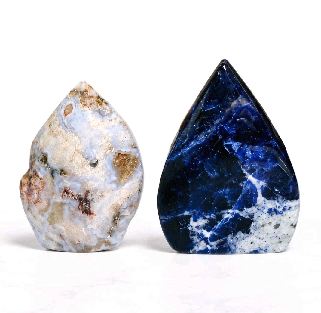 Lot Of 2 Polished Blue Flower Agate & Sodalite Stone Ornament Flames – USA