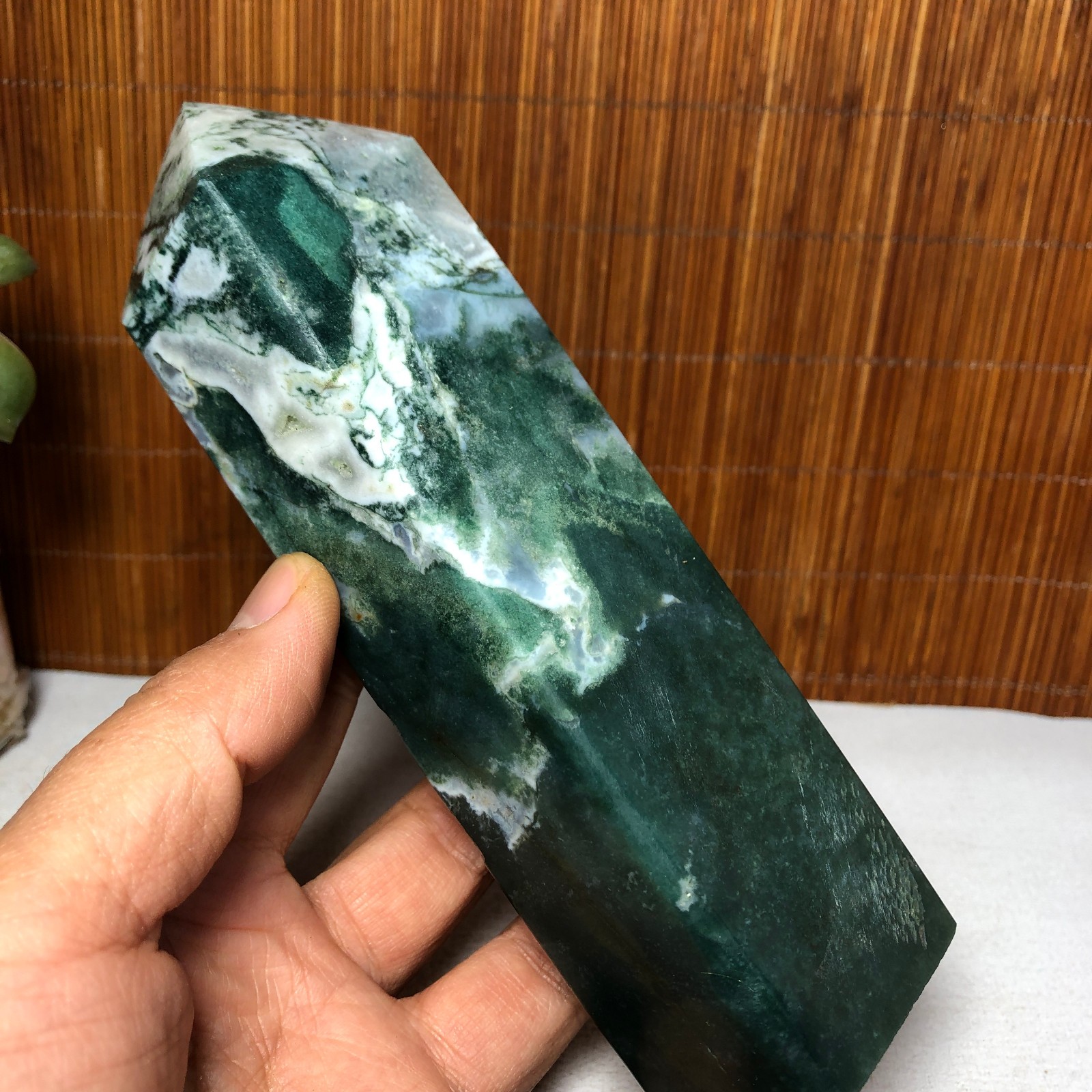 157mm Natural Polish Moss Agate Multiple veins Crystal Wand free standing A2286