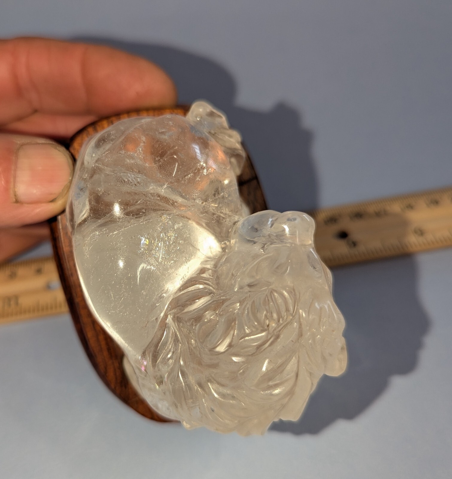 Clear quartz CRYSTAL carved LION with Cherry Wood stand Natural Mineral specimen