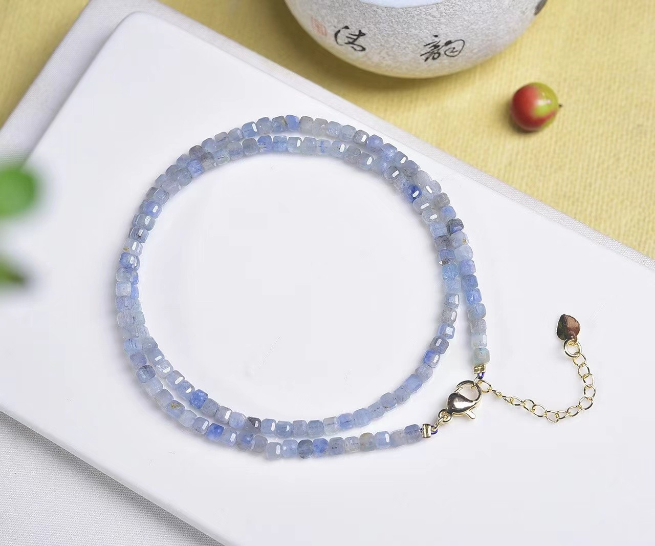 Blue Aquamarine Necklace Tiny 2.5mm Cube Beaded r Healing Delicate Women Crystal