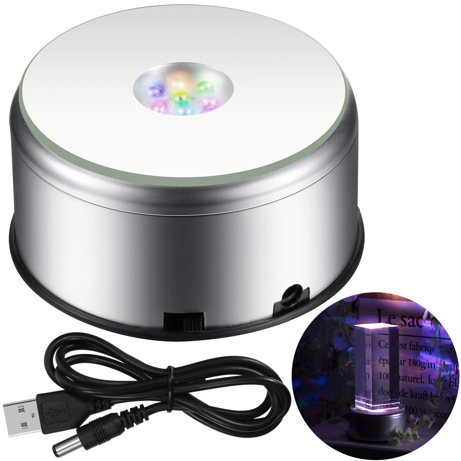 7 LED Display Base Rotating Crystal Glass Display Stand for Tumbler Cups