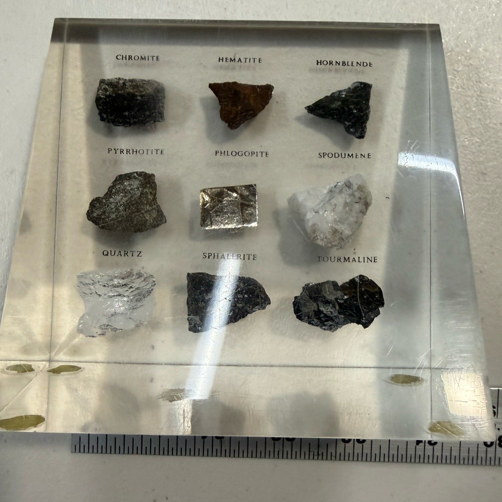 Vintage Lucite Mineral Specimen Paperweight 9 Rocks Quartz Hematite Collection