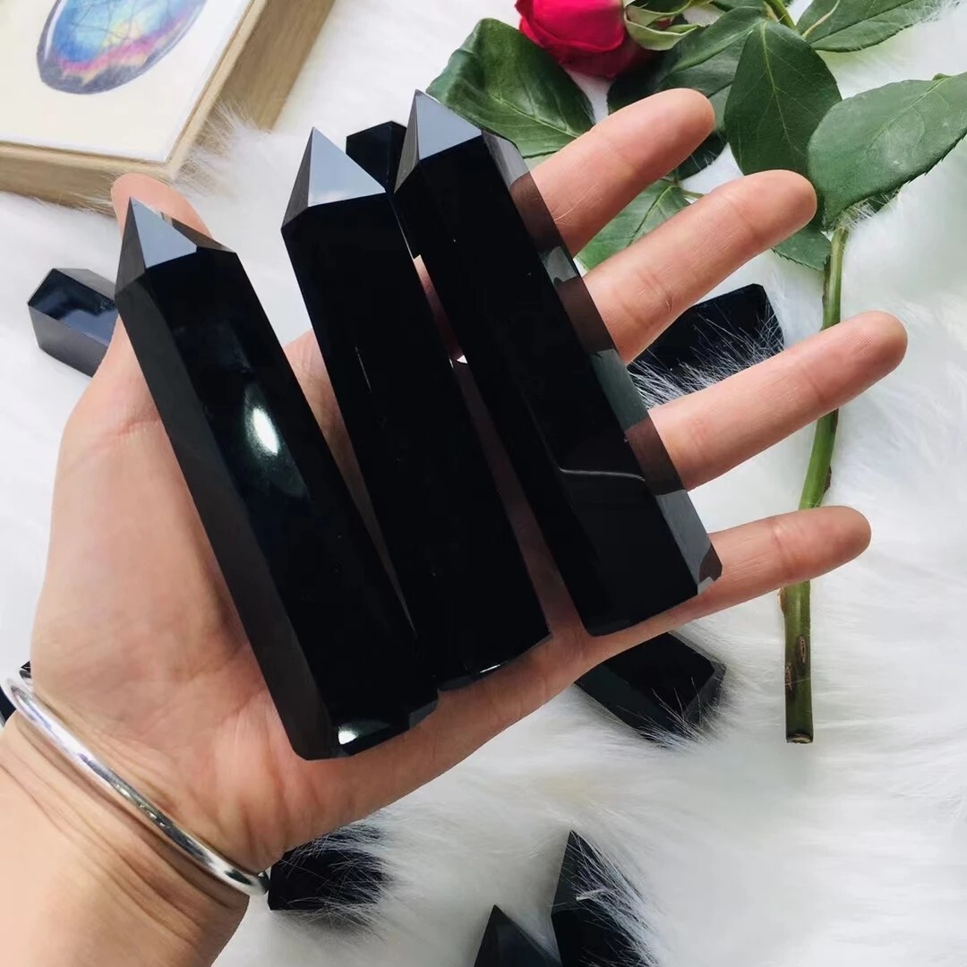 Natural Black Obsidian Healing Obelisk Crystal Wands Reiki Tower Point Decor