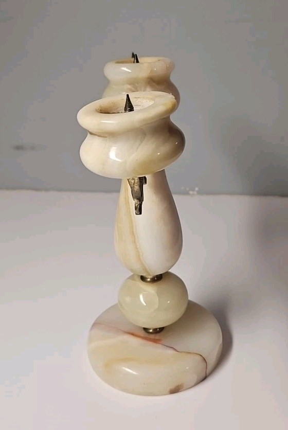 VTG Agate Gemstone and Brass Marbled Carved Candelabra Candle Holder 8″ Tall