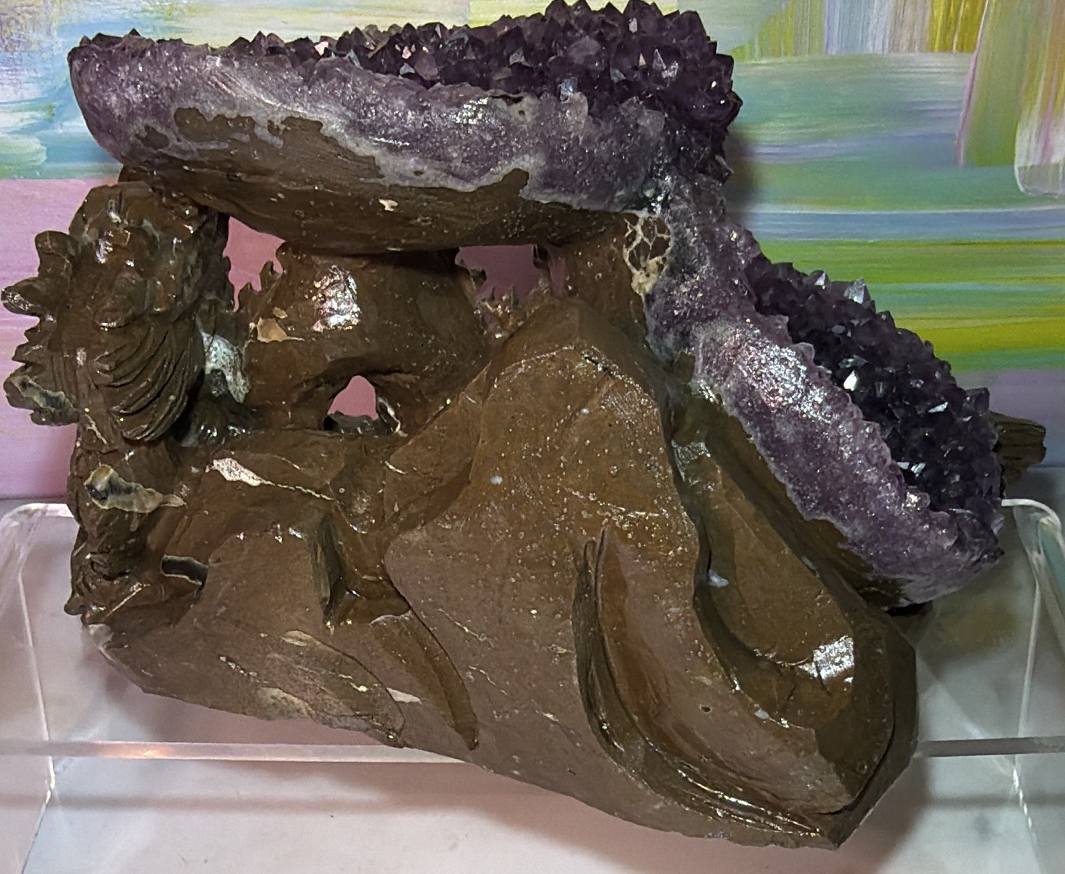 Purple Amethyst Cluster Crystal Mineral Display Specimen on Carved Dragon Stand