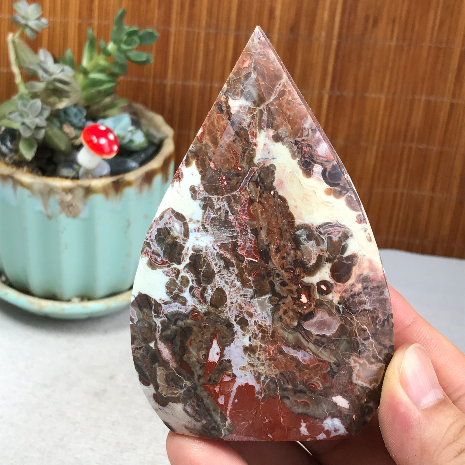 Natural money Mexico agate hand carve leaf Crystal Specimen free standing A6272