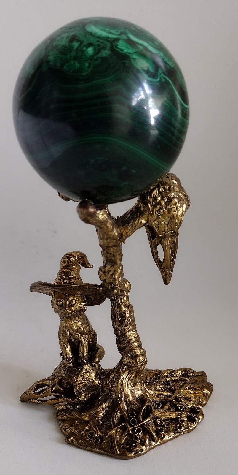 Witch Cat Raven Crystal Sphere Stand Gothic Altar Display Holder Gold Decor