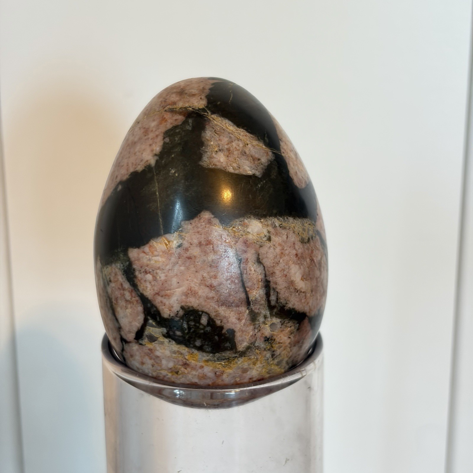 Polished and Carved RHODONITE Egg Natural Mineral Specimen Pink And Black 2.5”