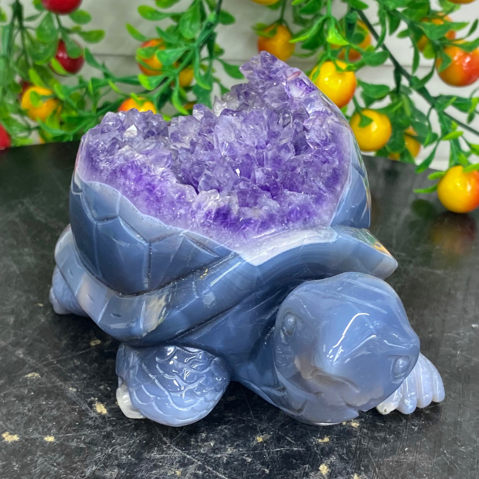 2.51LB Natural amethyst agate turtle Crystal turtle carving healing Home decora