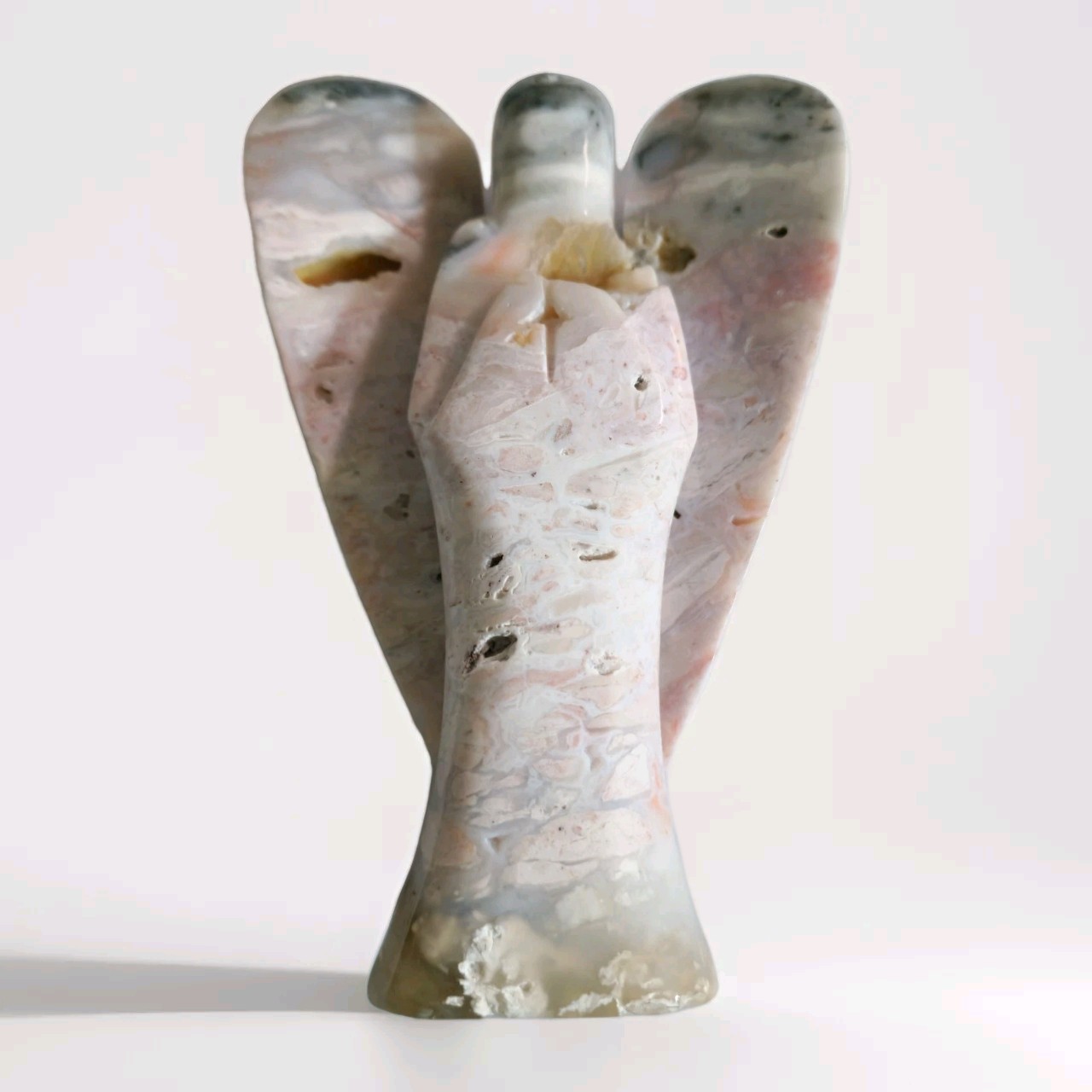 Polished Pink And Gray Agate Crystal Hand Carved Angel 6″ – USA