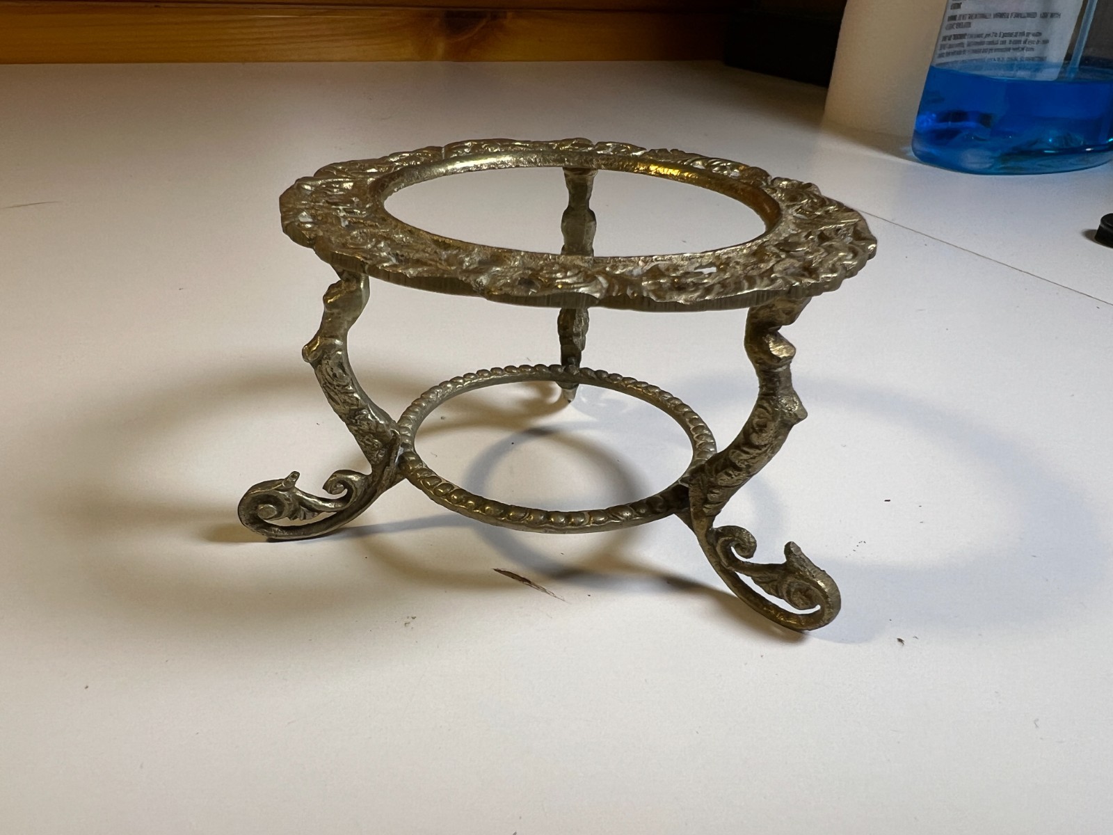 Antique Rococo Crystal Ball Ornate Brass Stand 4.75″ c 1890–1910