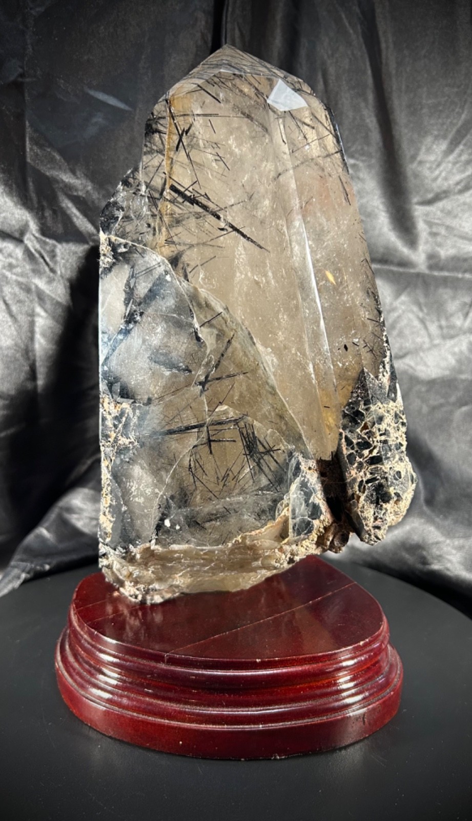Amazing Polished Tourmalinated Quartz Specimen with Custom Wood Stand 9lb 10oz