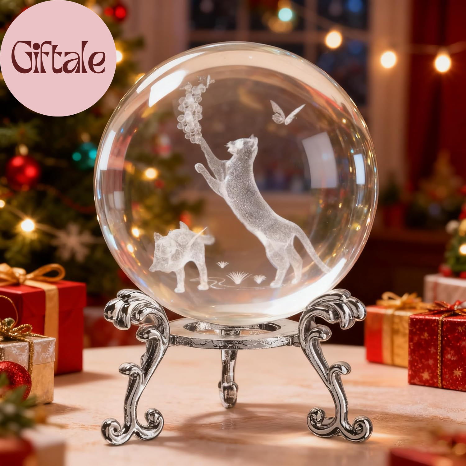 60Mm Crystal Ball with Stand – Laser Engraved Cat Sphere 3D Glass Ornament & Pap