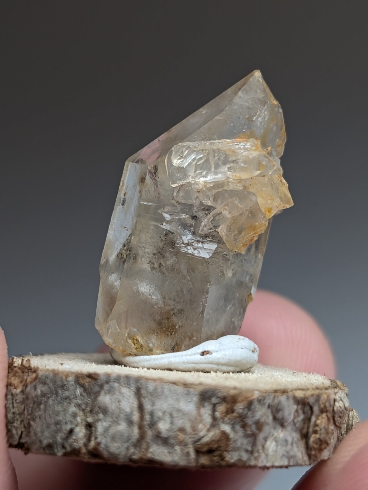 Nacrite + Manganese included Quartz Crystal Point, Arkansas, w/ wood base