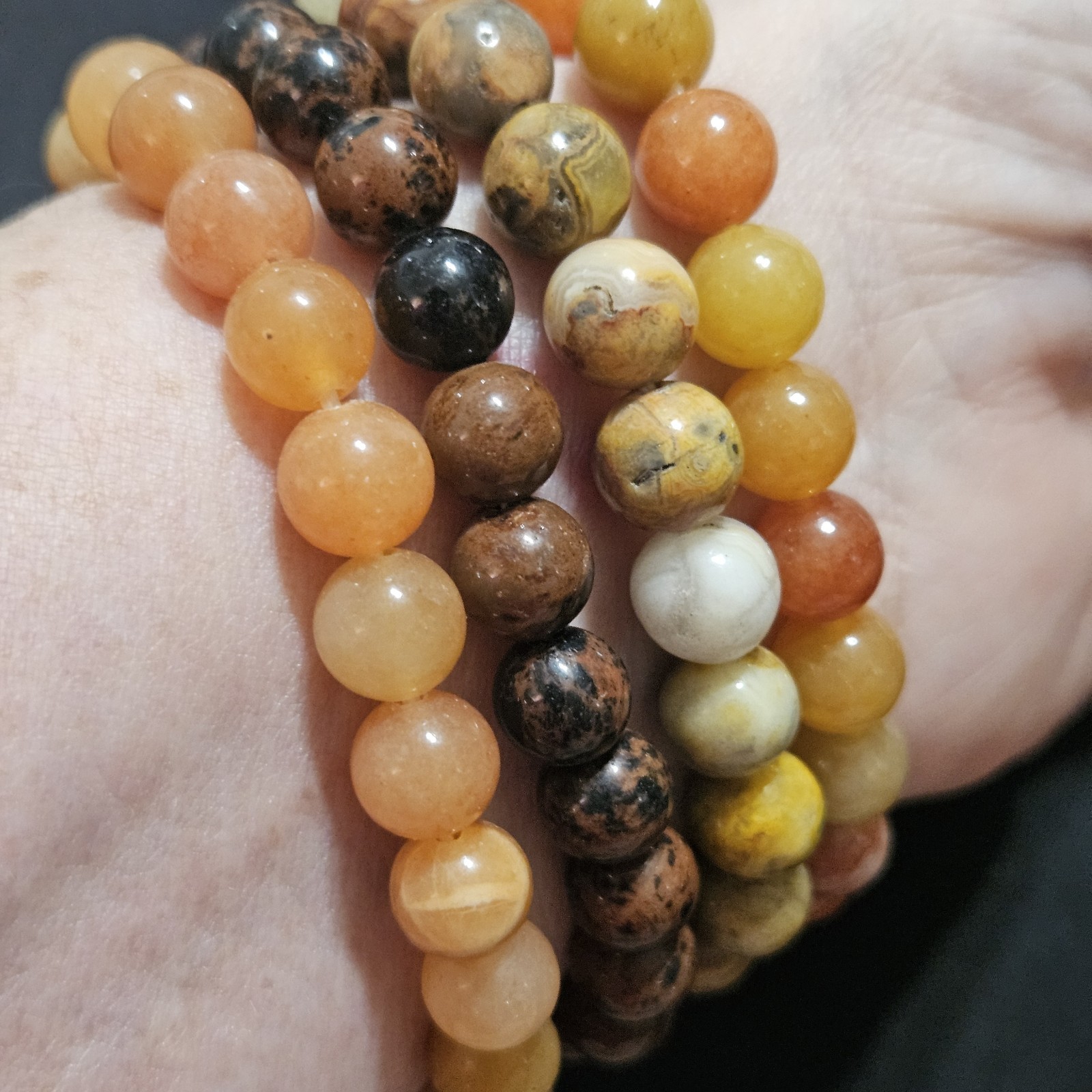 Natural Crystal Bead Stretch Bracelet, Lot Of 4, Gemstones, 8mm, Obsidian, Agate