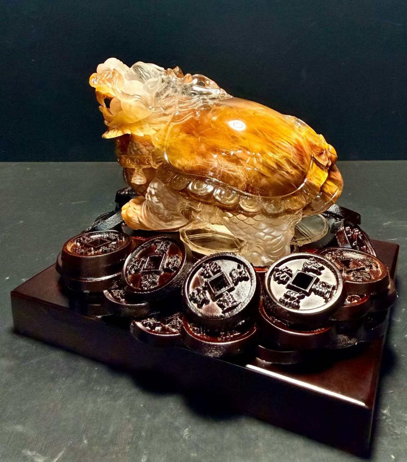 3.21LB Natural Hare fur crystal Quartz Carved dragon turtle Reiki Decor+Stand