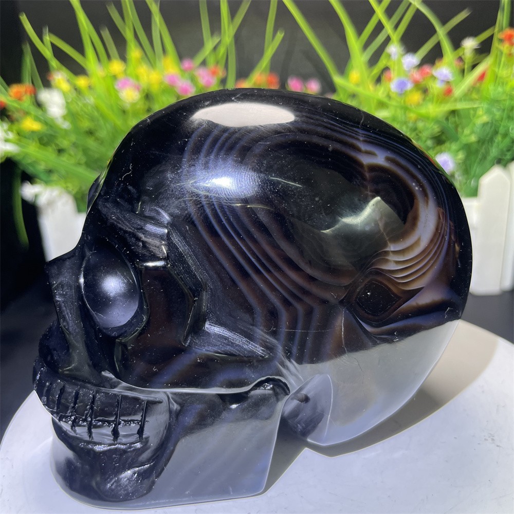 2.2LB 3.9″ Natural Black Sardonyx Agate Skull Carving Crystal Quartz Home Decor