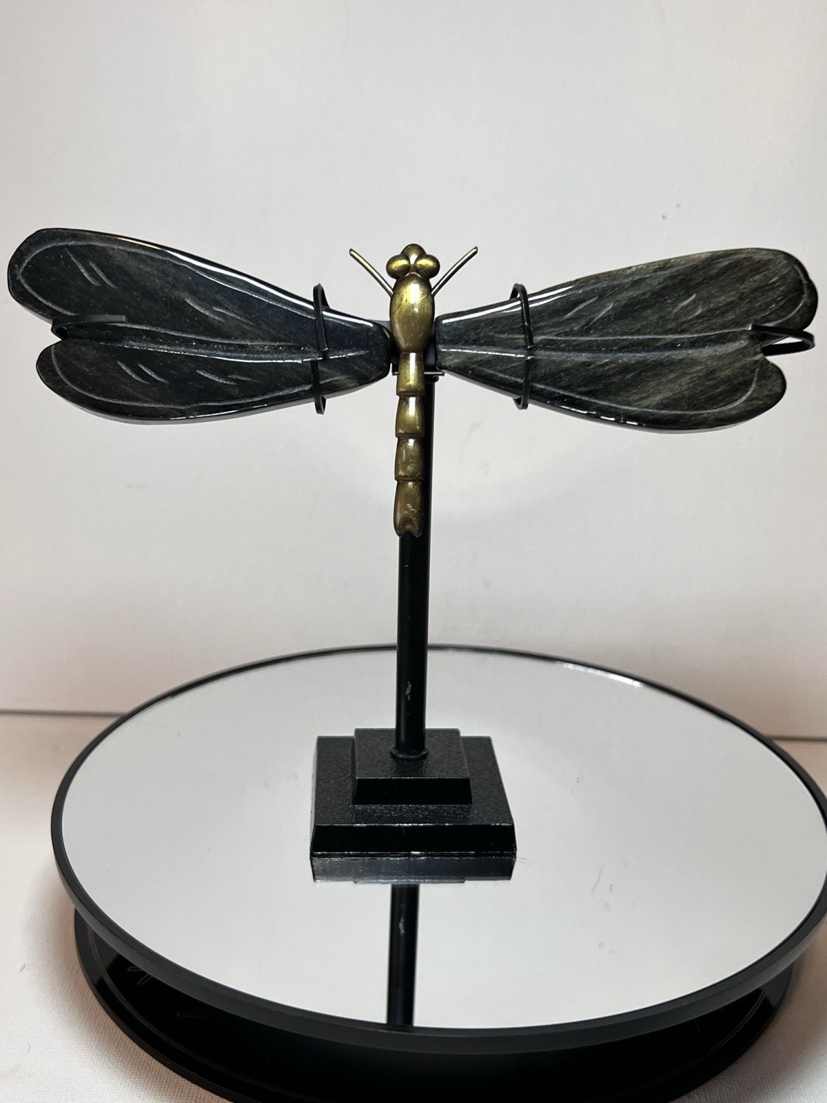 Golden Sheen Obsidian Dragon Fly Carving W/Holder – Measurements In Photos
