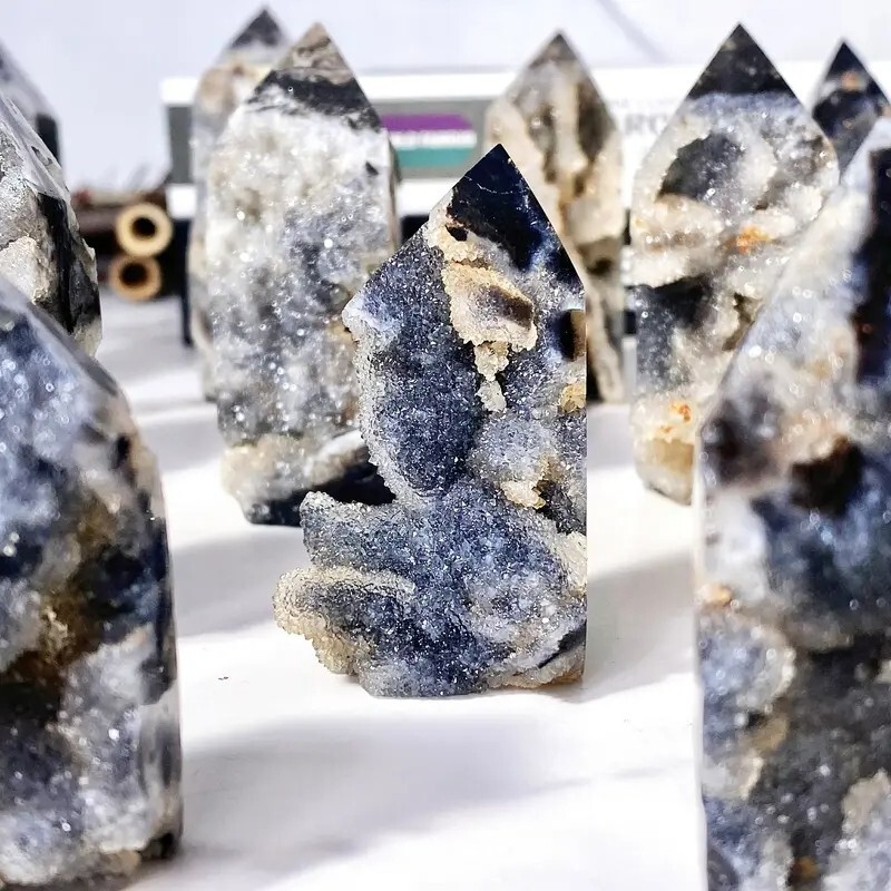 Natural Black Sphalerite Druzy Geode Healing Crystal Tower Point Obelisk Quart