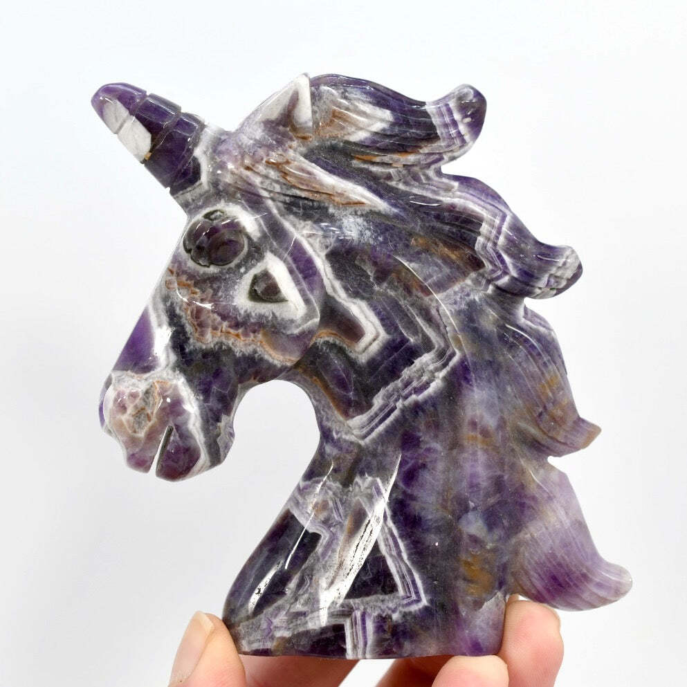 4.25in Chevron Amethyst Crystal Carved Unicorn Head