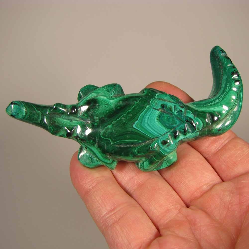 4.1″ Handcarved MALACHITE ALLIGATOR Gemstone Animal Carving – Congo, Africa